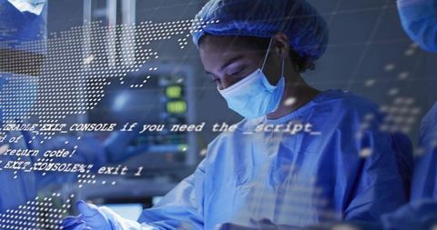 Surgeon wearing mask and cap performing surgery with digital code overlay