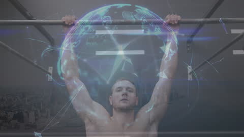 Man Performing Chin-Ups with Futuristic Global Hologram