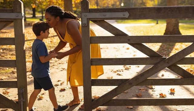 Tender mother kissing son through wooden gate, holding hands, autumn sunlight warmth