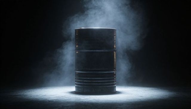 Standing steel barrel under dramatic overhead spotlight with haze on concrete floor
