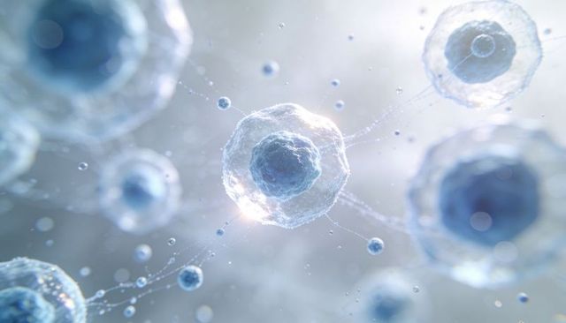 Translucent cells with nucleus and filament network microscopic medical research background