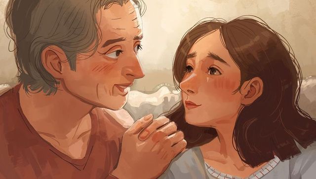 Tender senior couple holding hands on couch sharing warm intimate moment, painterly art