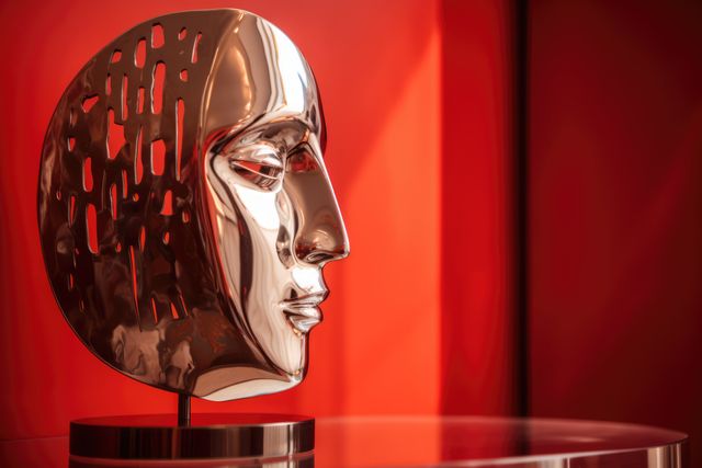 Close up of metallic face sculpture on red background, created using generative ai technology. Art and modern abstract face sculpture design concept digitally generated image.