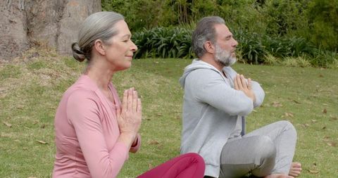 Senior Couple Meditating Outdoors Under Tree in Park