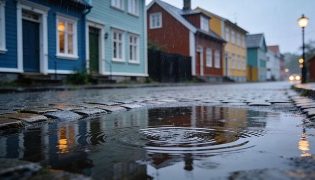 Rain-soaked cobblestone street with rippling puddle reflecting colorful wooden houses