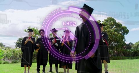 Diverse graduates celebrating on campus lawn with purple augmented reality graduation hud