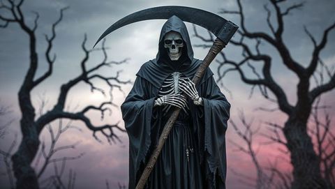 Mysterious skeletal grim reaper figure with scythe in gothic landscape