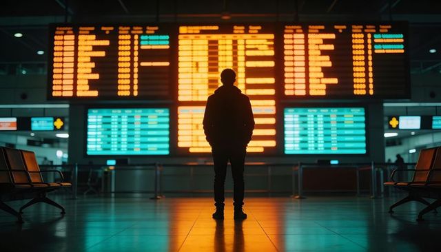Backlit silhouette standing in airport terminal viewing departure boards, reflections
