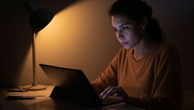Focused young woman typing on tablet-keyboard under warm lamp glow during late-night work