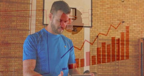 Man analyzing performance data on tablet with analytics overlays and growth chart