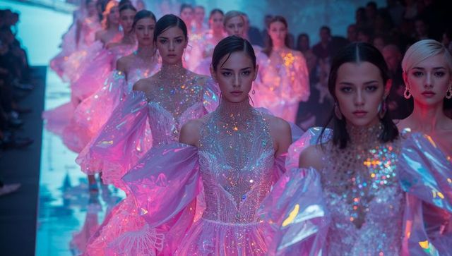 Models wearing iridescent pink couture gowns on runway