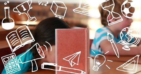 Young girl hiding behind red book in sunlit classroom with playful white school doodles