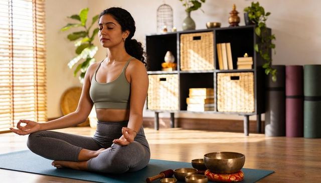 Indian woman meditating on teal yoga mat with singing bowls in sunlit home studio