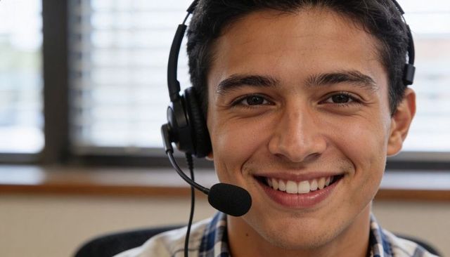 Smiling young customer service representative wearing headset and speaking with clients
