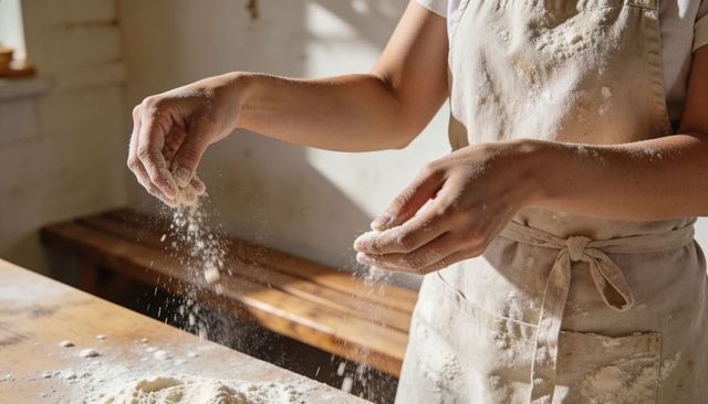 Baker sprinkling flour over sunlit rustic wooden counter with flour-dusted apron