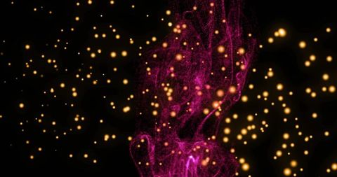 Magenta nebula ribbon with glowing golden orbs, ethereal cosmic bokeh background