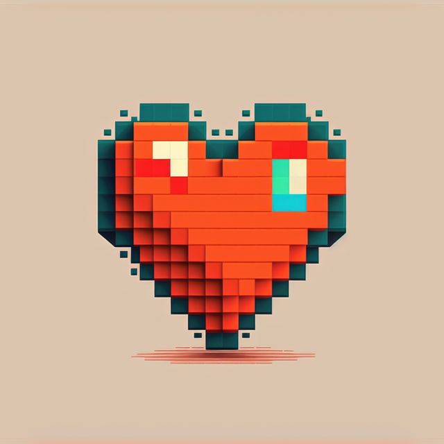 Orange and blue heart on gray background, created using generative ai technology. Retro, love and heart concept.