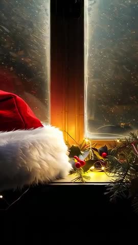 Vertical video: Flickering lights pulsing on Santa hat and holly at frosted window sill