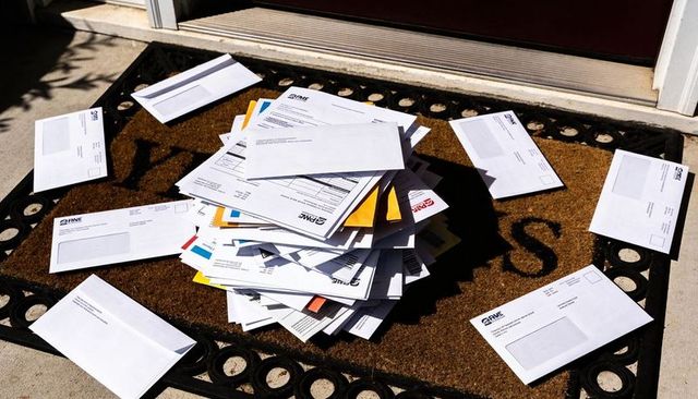 Mail pile overflowing doormat with scattered envelopes on sunny front doorstep