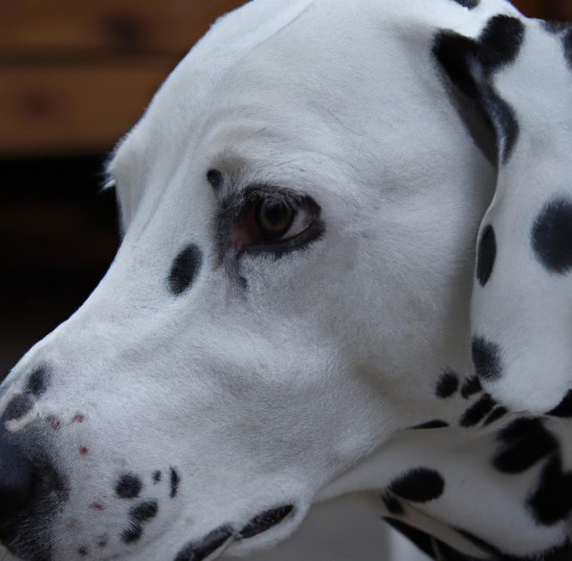 Close up of cute black and white dalmatian dog on blurred background. Nature, animals and dog concept.
