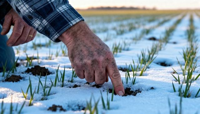 Farmer checking soil in snow-dusted spring field with emerging green seedlings and weathered hand