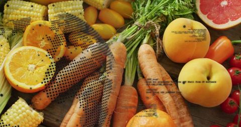Rustic Fresh Produce: Carrots, Peaches, Corn and Citrus with Digital Mesh Overlay