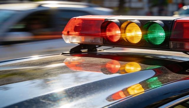 City emergency light bar reflecting red amber green on glossy patrol roof closeup
