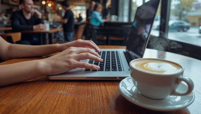 Working on Laptop with Latte in Cozy Coffee Shop Environment
