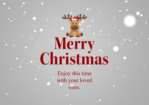 Merry christmas, enjoy this time with your loved ones text in red with reindeer and snow on grey. Christmas, celebration, tradition and seasonal greetings concept digitally generated image.