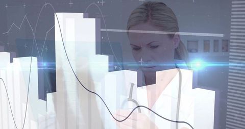 Doctor analyzing medical data with bar and line charts