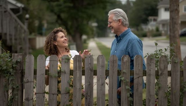 Friendly neighbors chatting over wooden fence in suburban area