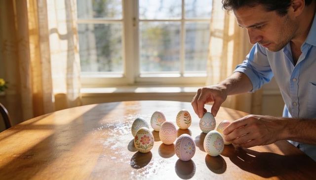 Man arranging pastel easter eggs on sunlit wooden table near window for spring craft