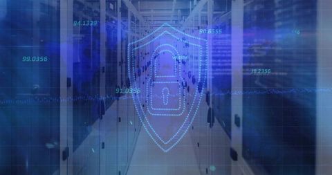 Projecting Digital Shield with Padlock over Datacenter Aisle for Cybersecurity Monitoring