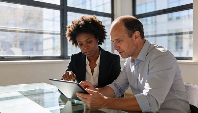 Business colleagues collaborating over tablet in bright modern office with large windows