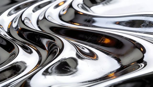 Shimmering Chrome Waves Reflecting Amber Highlights with Glossy Metal Texture Macro Abstract