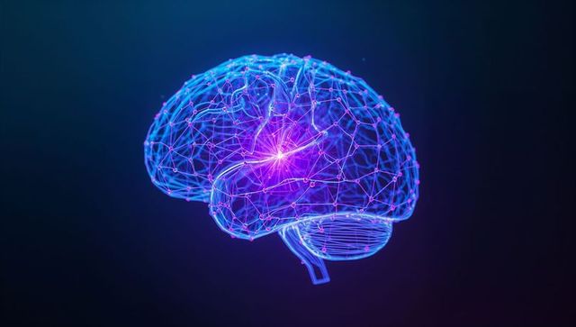 Futuristic Wireframe Brain Model Illustrating Neural Connectivity