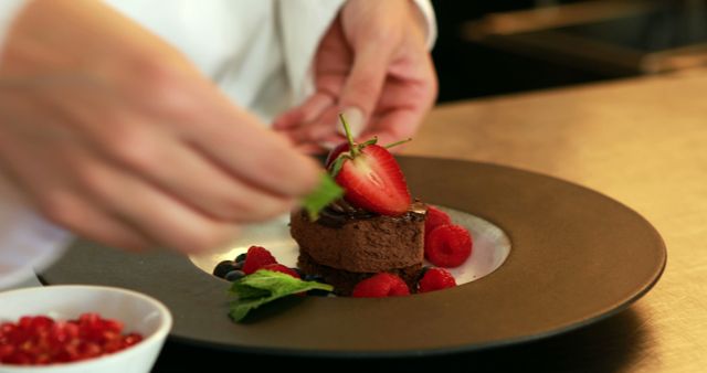 Chef Garnishing Chocolate Dessert with Fresh Berries - Download Free Stock Images Pikwizard.com