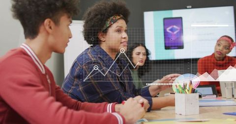 Female Leader Guiding Team Through Data-Driven Presentation and Collaborative Strategy