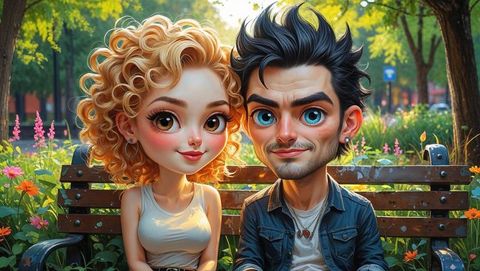 Charming cartoon cute couple relaxing in vibrant park setting