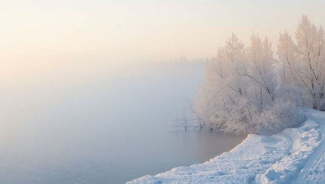 Misty winter shoreline at dawn with frosted trees and winding snow trail