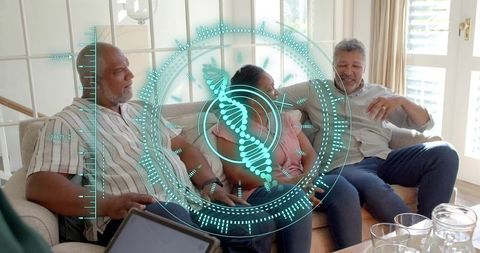 Family consulting genetic testing technology with holographic dna interface on sofa