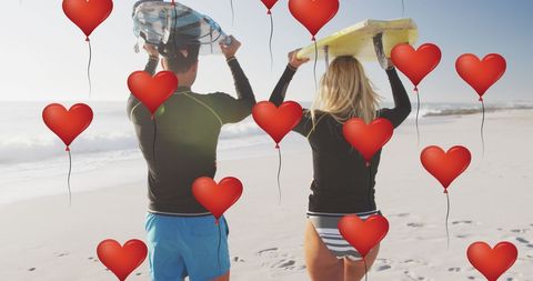 Couple with Surfboards on Beach and Heart Icons Overlay - Download Free Stock Images Pikwizard.com