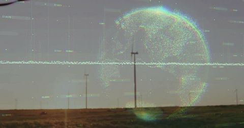 Projecting Holographic Digital Globe Over Wind Farm Grassland with Glitch Dataviz