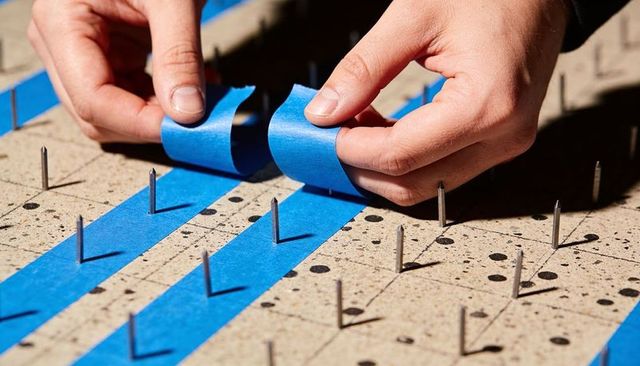 Hands applying blue painter tape on nail-studded workbench for precise masking and guides