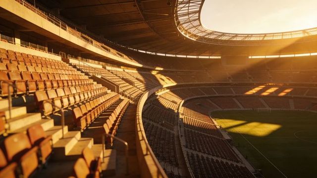 Golden sunset curved stadium seating glowing with dramatic sunbeams and empty bleachers