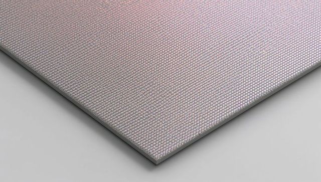 Pearlescent pink textured panel featuring woven sheen and angular bevel edge on light gray surface