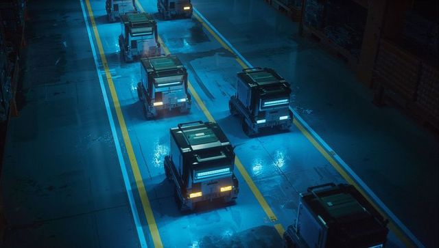 Autonomous robots navigating warehouse aisle