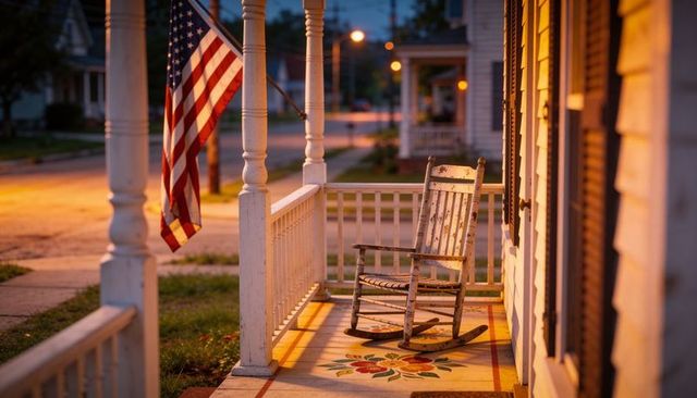 Weathered wooden rocking chair on front porch with american flag at dusk warm lamplight