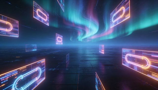 Glowing holographic chain panels floating over futuristic tiled floor beneath neon aurora
