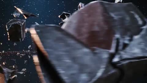 Rocket navigating dense asteroid belt with glowing blue engines and fiery exhaust trail